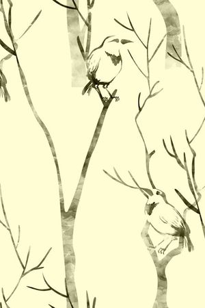 树木鸟水墨女装不定位丝巾印花华亿平台图片