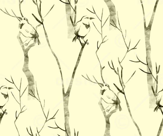 树木鸟水墨女装不定位丝巾印花华亿平台图片