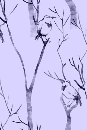 树木鸟水墨女装不定位丝巾印花华亿平台图片