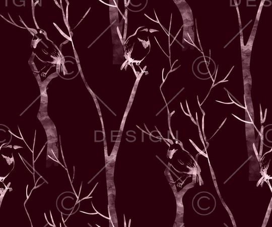 树木鸟水墨女装不定位丝巾印花华亿平台图片