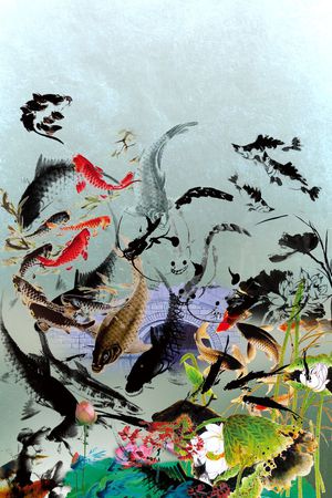 中国风水墨荷花印花华亿平台图片