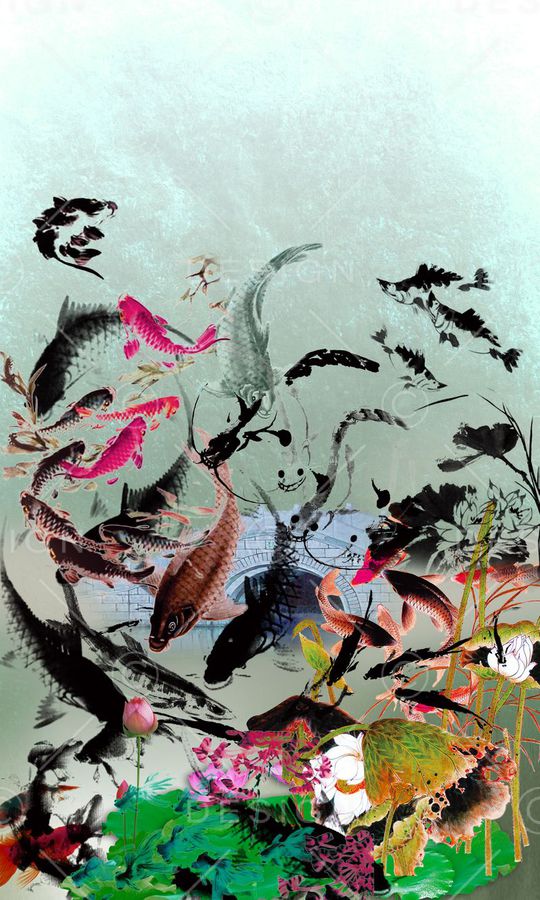 中国风水墨荷花印花华亿平台图片