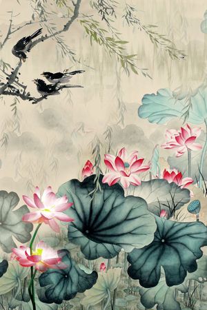 中国风水墨荷花印花华亿平台图片