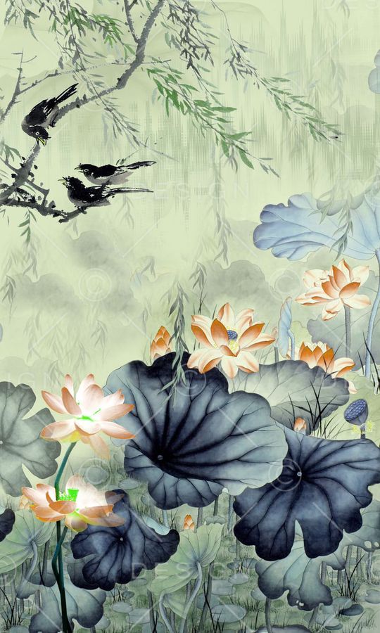 中国风水墨荷花印花华亿平台图片