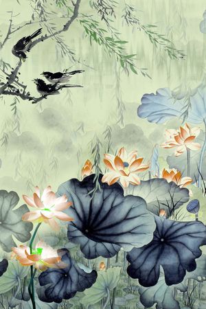 中国风水墨荷花印花华亿平台图片