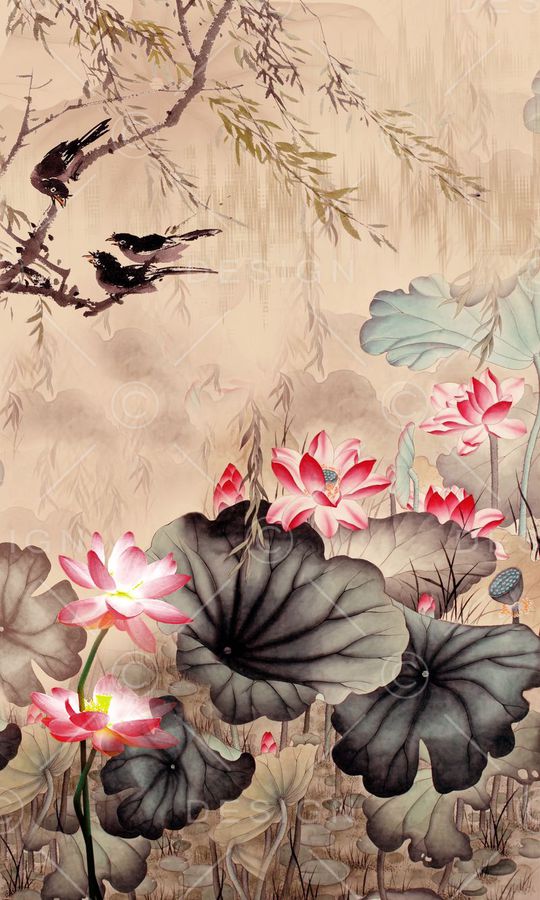 中国风水墨荷花印花华亿平台图片