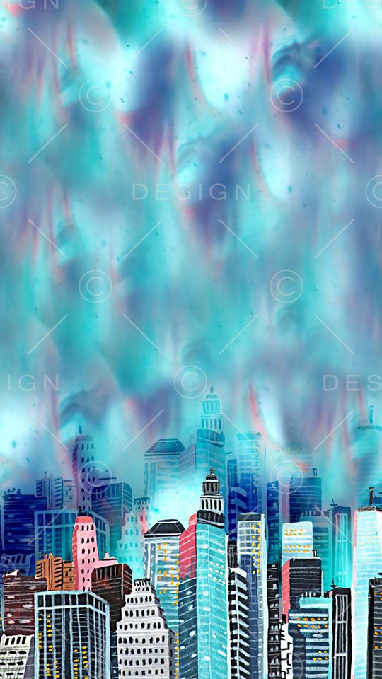 手绘水彩画房子高楼大厦数码印花印花华亿平台图片