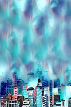 手绘水彩画房子高楼大厦数码印花印花华亿平台图片