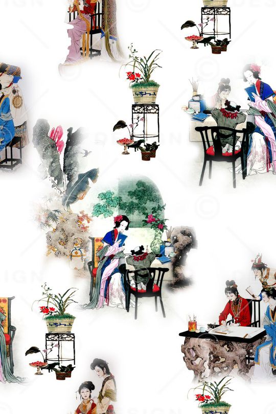 中国风。仕女古典印花华亿平台图片