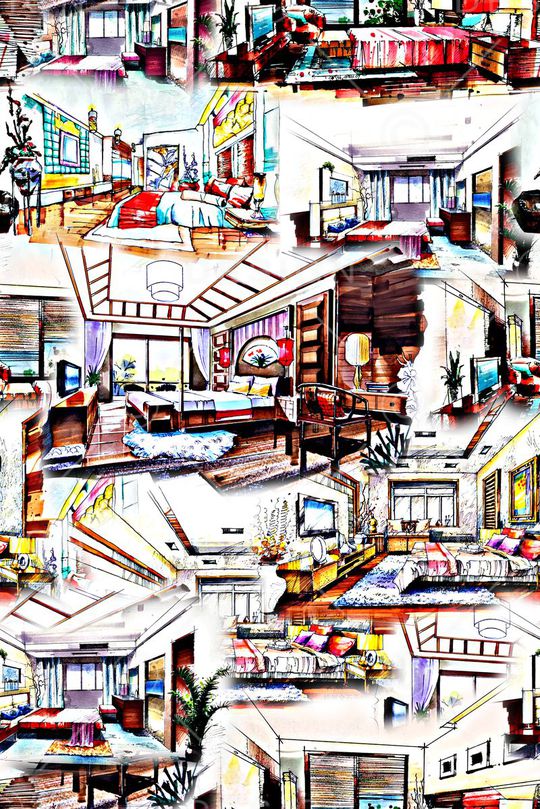 时尚潮流手绘建筑房子房间女装数码印花印花华亿平台图片