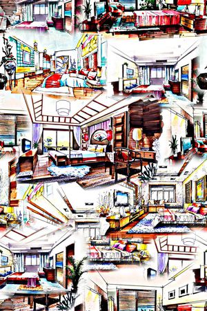 时尚潮流手绘建筑房子房间女装数码印花印花华亿平台图片