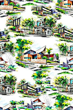 时尚潮流手绘建筑房子房间女装数码印花印花华亿平台图片