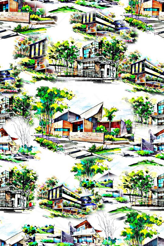 时尚潮流手绘建筑房子房间女装数码印花印花华亿平台图片