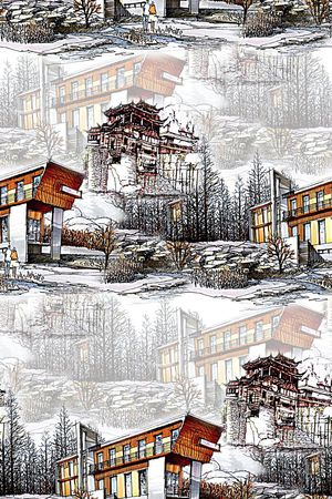 时尚潮流手绘建筑房子女装数码印花印花华亿平台图片