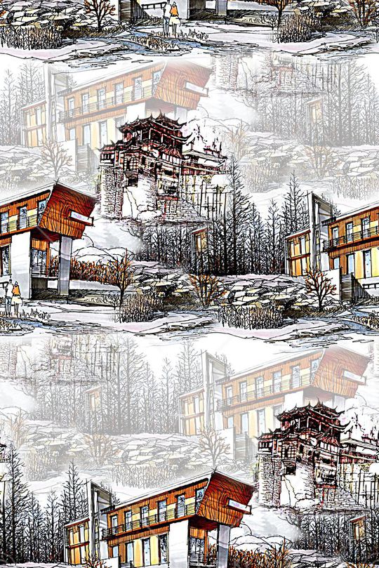 时尚潮流手绘建筑房子女装数码印花印花华亿平台图片