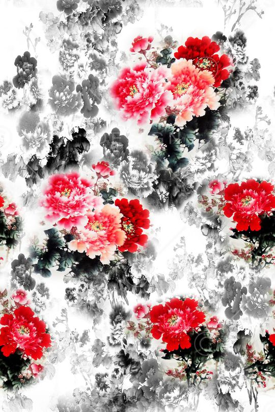 中国风水墨牡丹印花华亿平台图片