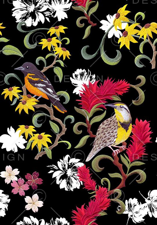 刺绣花鸟印花华亿平台图片