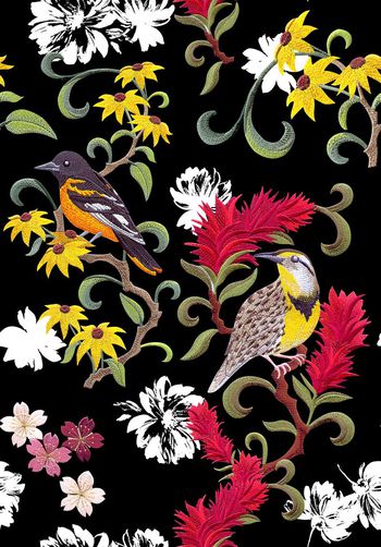 刺绣花鸟印花华亿平台图片