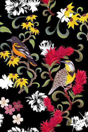 刺绣花鸟印花华亿平台图片