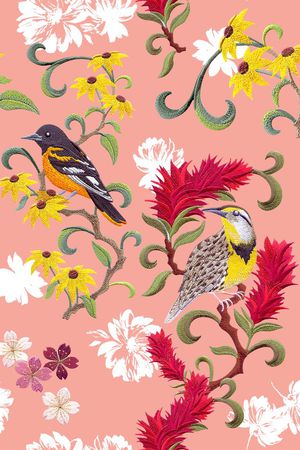 刺绣花鸟印花华亿平台图片