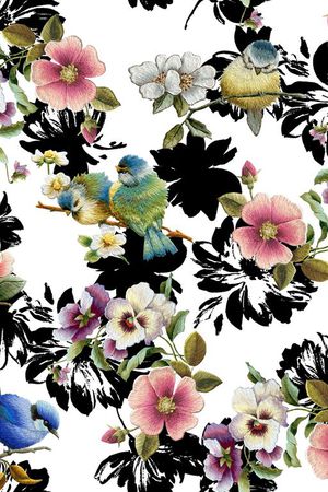 刺绣花鸟印花华亿平台图片