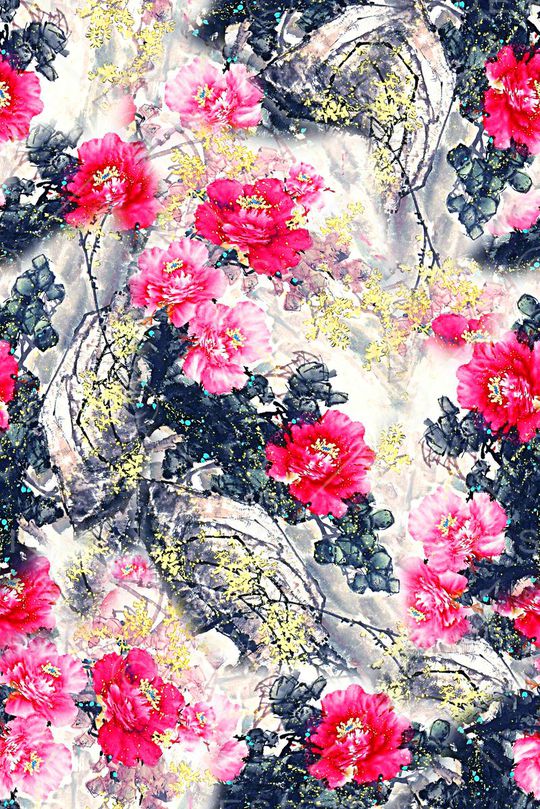 手绘中国风风水墨画数码印花印花华亿平台图片