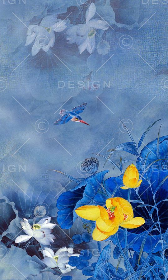 水墨荷花印花华亿平台图片