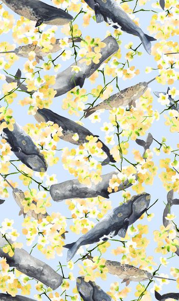 697605-水彩桃花海洋鲸鱼-b