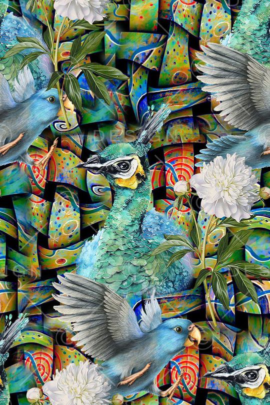 手绘抽象几何油画数码印花印花华亿平台图片