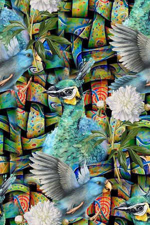 手绘抽象几何油画数码印花印花华亿平台图片