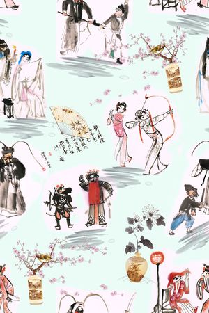 水彩中国传统戏剧人物印花华亿平台图片