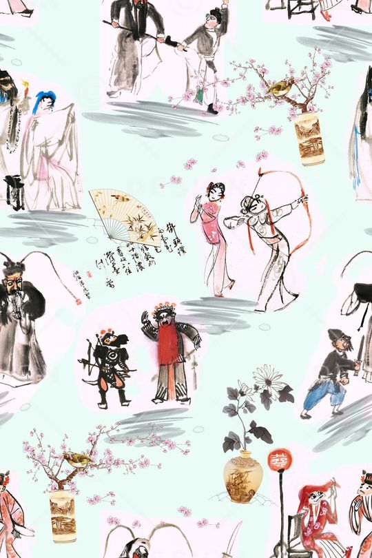 水彩中国传统戏剧人物印花华亿平台图片