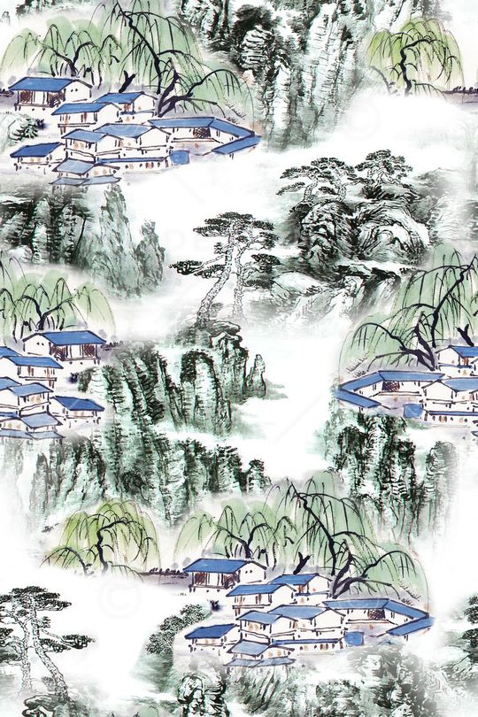 水彩山水人家印花华亿平台图片