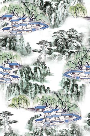 水彩山水人家印花华亿平台图片