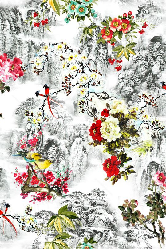 中国风花卉山水印花华亿平台图片