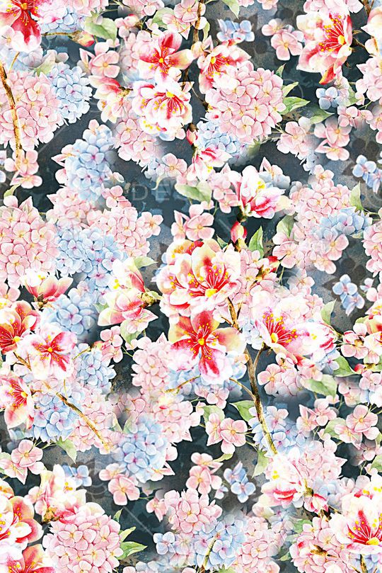 手绘水彩花卉数码印花印花华亿平台图片