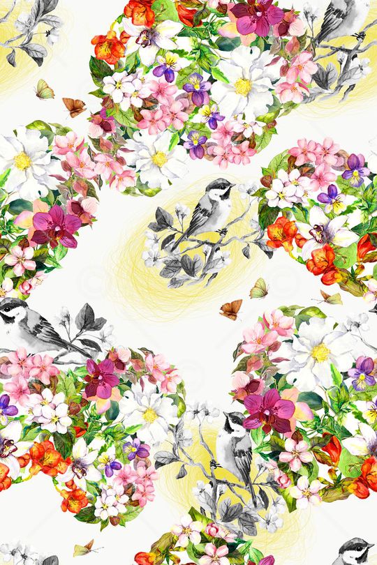 手绘花卉鸟巢印花华亿平台图片