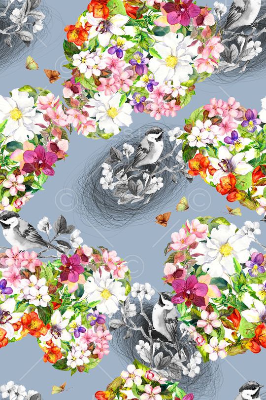 手绘花卉鸟巢印花华亿平台图片