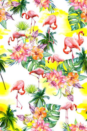 热带风情水彩花卉火烈鸟印花华亿平台图片