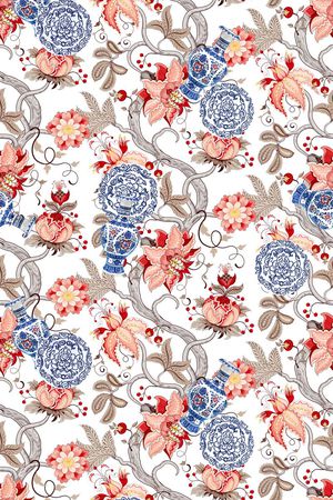 复古花卉青瓷组合印花华亿平台图片