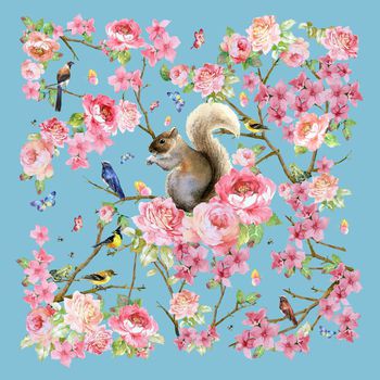 水彩手绘花鸟印花华亿平台图片