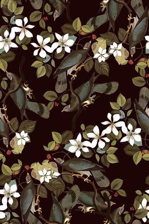 手绘植物花卉动物鸟类数码印花印花华亿平台图片