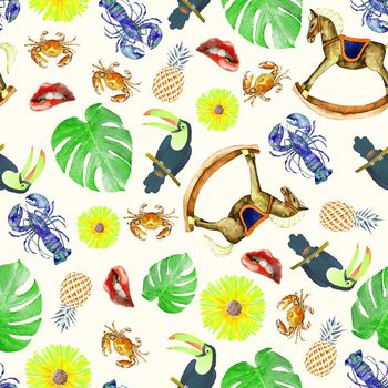 701292-芭蕉叶螃蟹龙虾大嘴鸟菠萝菊花嘴唇白