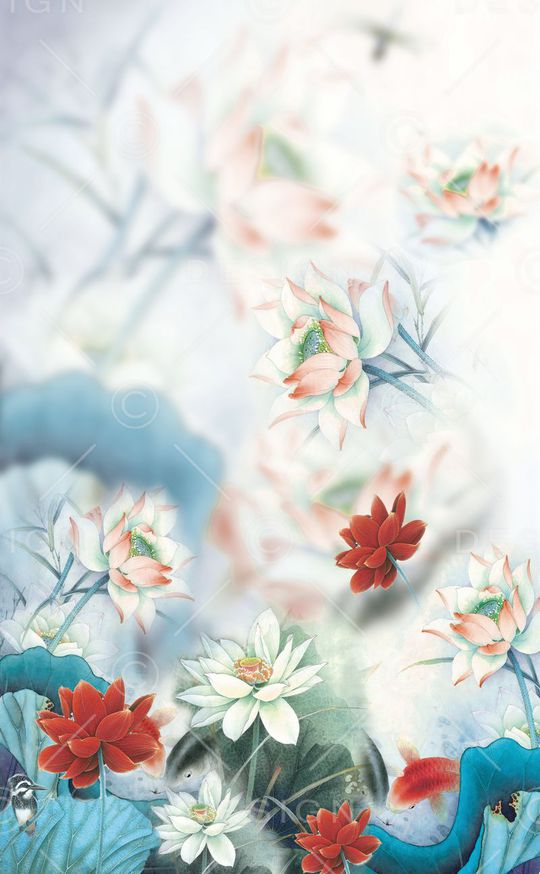 国画荷花印花华亿平台图片