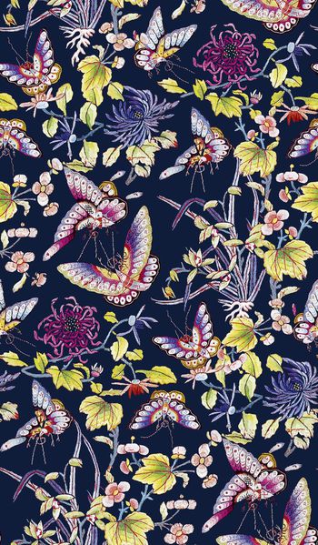 706665-传统高端刺绣蝴蝶花卉藏蓝