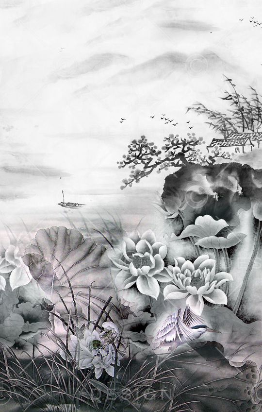 工笔画荷花印花华亿平台图片