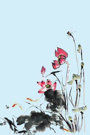 水墨荷花印花华亿平台图片