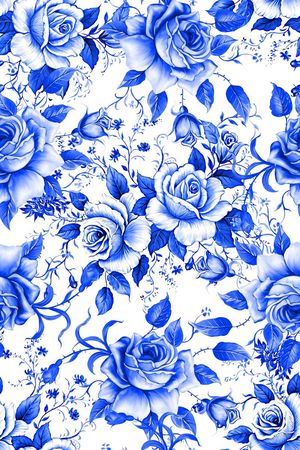 抽象手绘中国风青花瓷花卉数码印花印花华亿平台图片