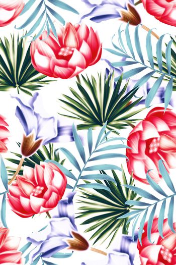 715288-热带棕树叶荷花白