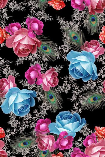 716017-孔雀羽毛玫瑰茶花碎花底纹